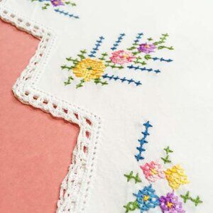 Vintage Pillowcase with Cross-stitched Flowers